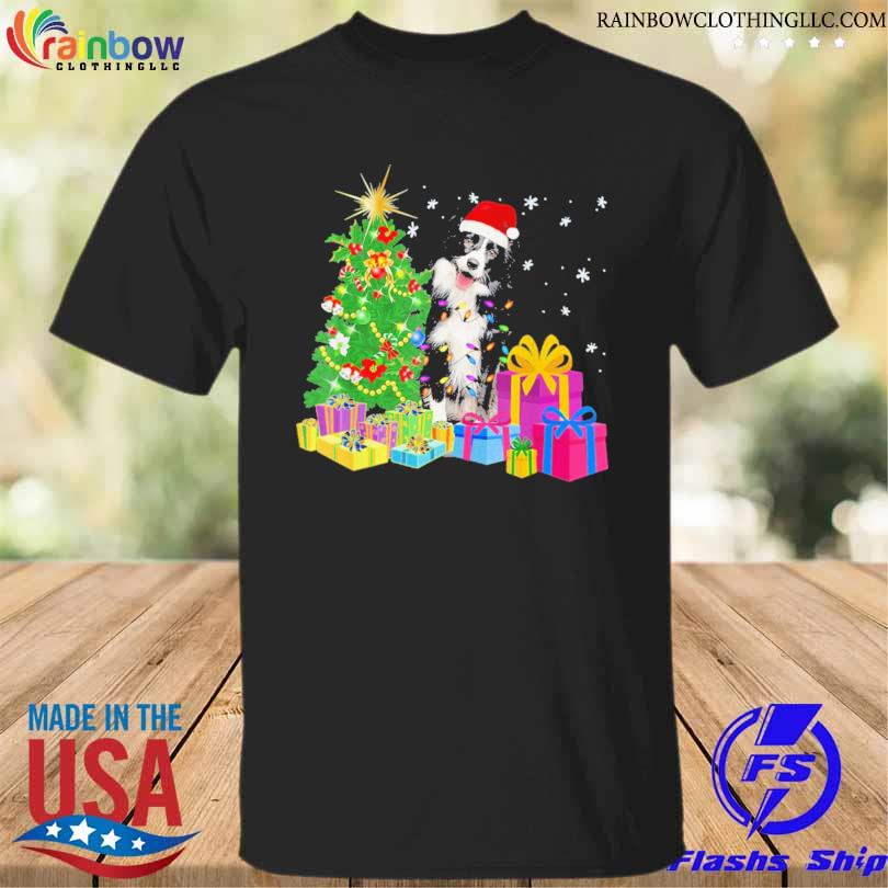Santa border collie dog Christmas tree light sweater