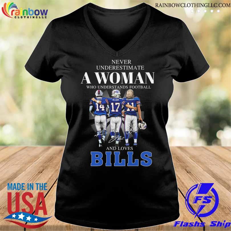 Never underestimate a woman who understands football and loves Buffalo bills signatures 2023 shirt Buffalo bills v-neck den